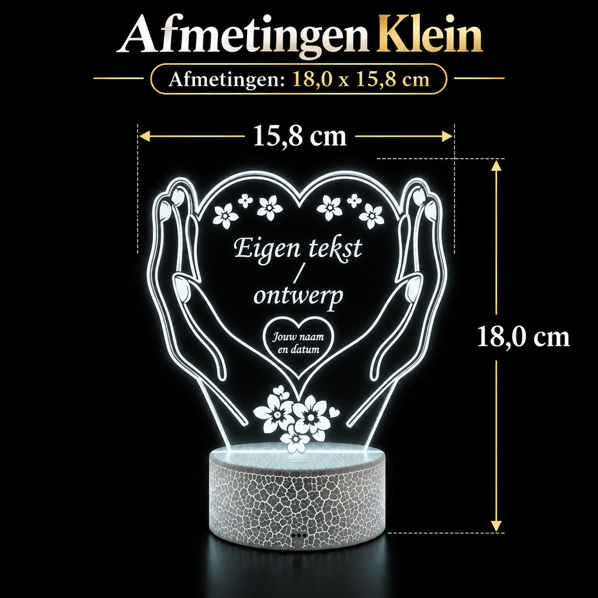 Afmetingen gepersonaliseerde kleine LED lamp hart 18,0 x 15,8 cm