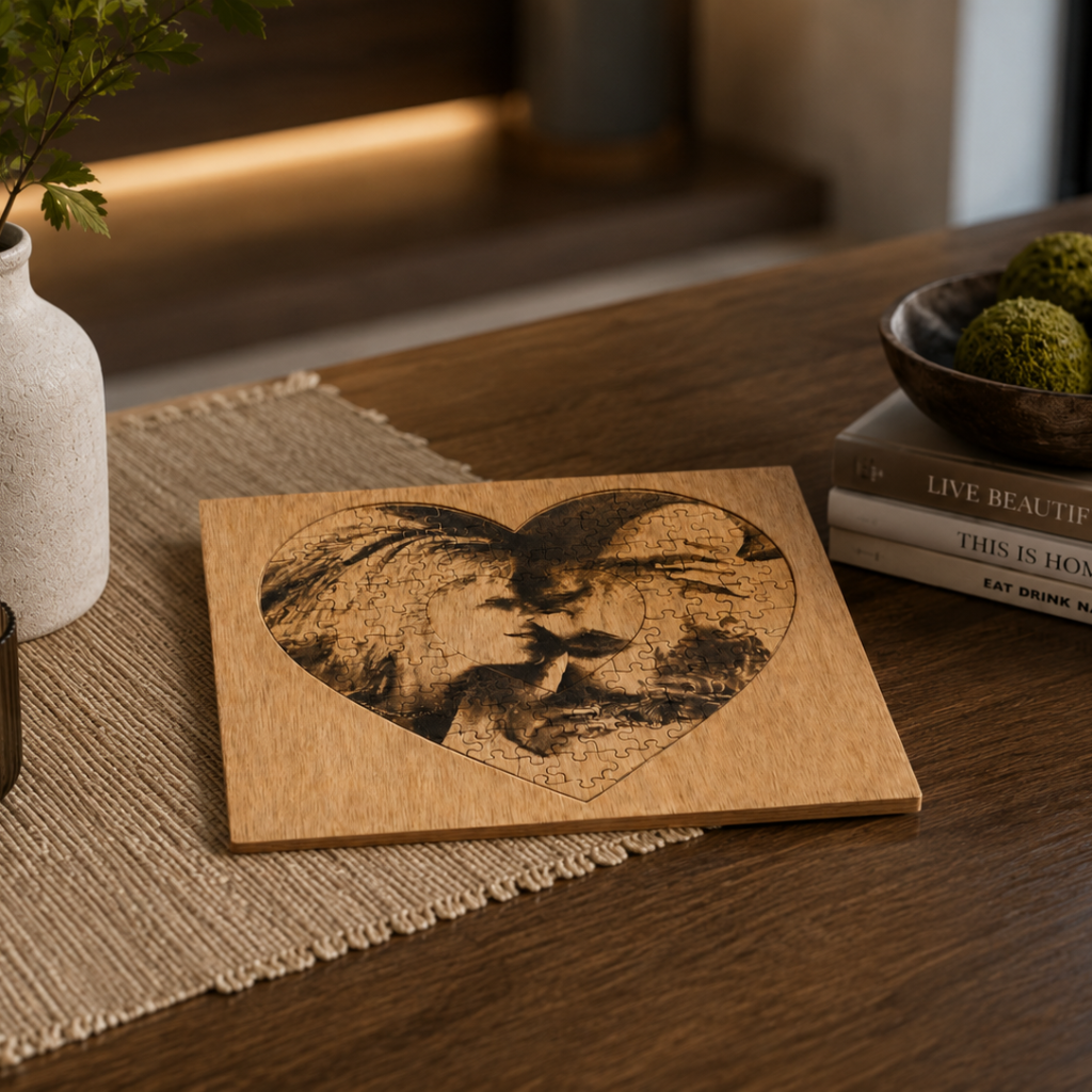 Houten puzzel met foto gravure – Gepersonaliseerd cadeau | Hartvorm & Rechthoek | Standaard & Premium
