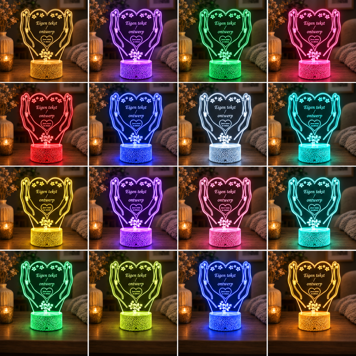 Gepersonaliseerde kleine LED lamp hart met eigen tekst in meerdere lichtkleuren