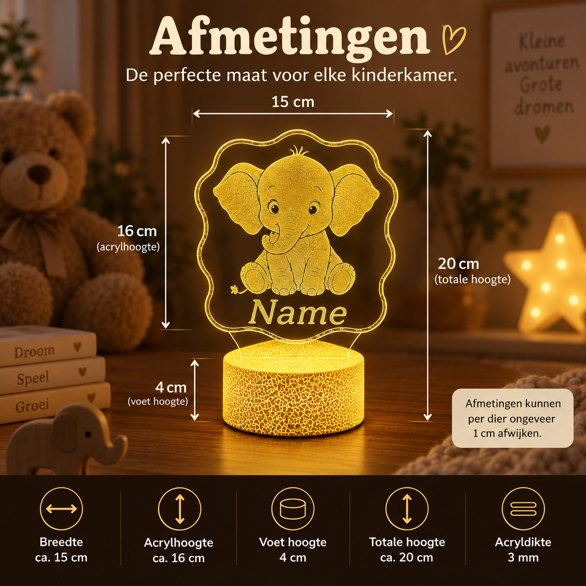 Afmetingen van gepersonaliseerde LED dierenlamp: olifant ca. 15 cm breed, 16 cm acrylhoogte en 20 cm totale hoogte; afmetingen variëren circa 1 cm per dier