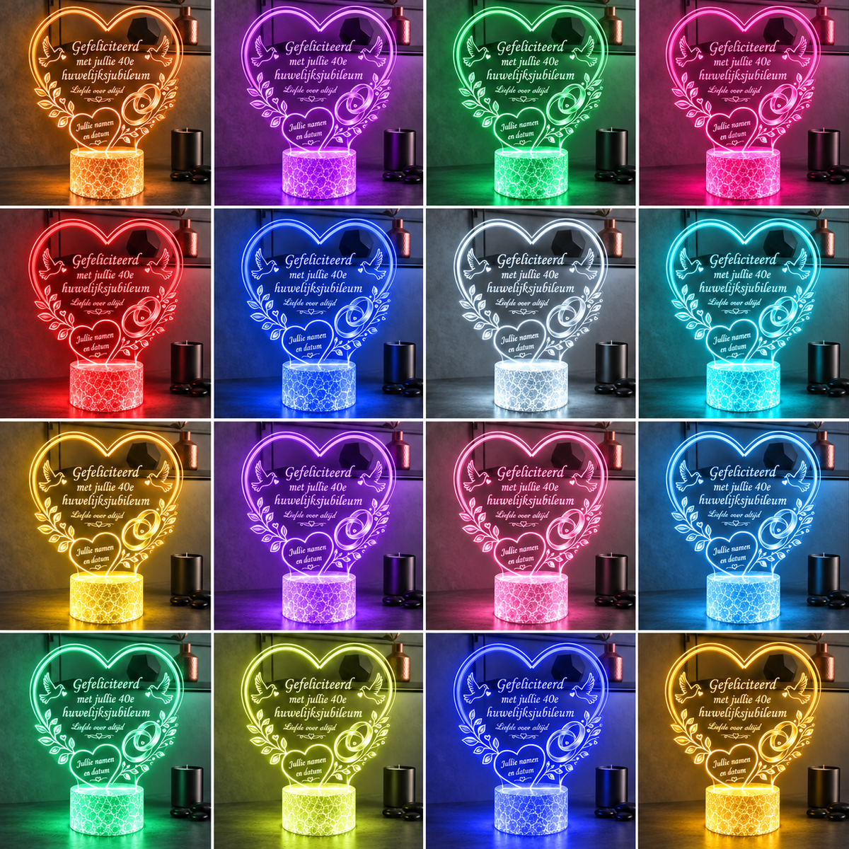 XL LED Lamp huwelijk & jubileum met eigen tekst – Gepersonaliseerd (25×23 cm)