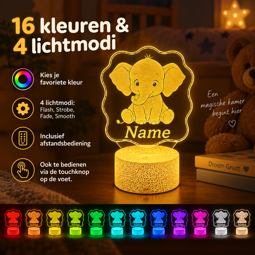 Gepersonaliseerde LED olifantenlamp met 16 kleuren, 4 lichtmodi, afstandsbediening en touchbediening