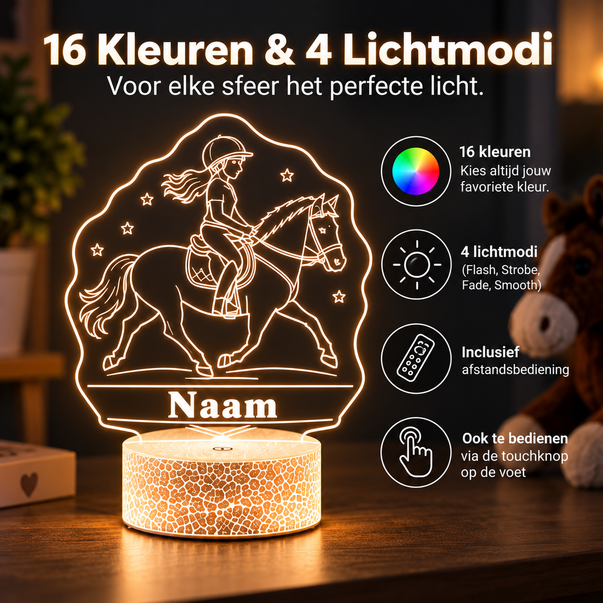 Gepersonaliseerde LED paardenlamp met 16 kleuren, 4 lichtmodi, afstandsbediening en touchbediening in een sfeervolle kamer