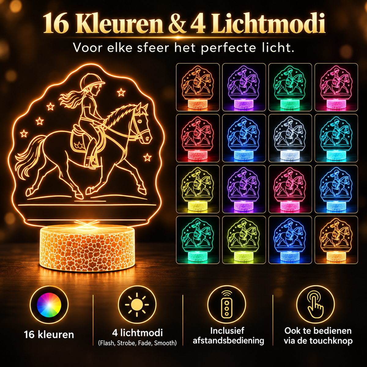 Gepersonaliseerde LED paardenlamp met 16 kleuren, 4 lichtmodi, afstandsbediening en touchbediening