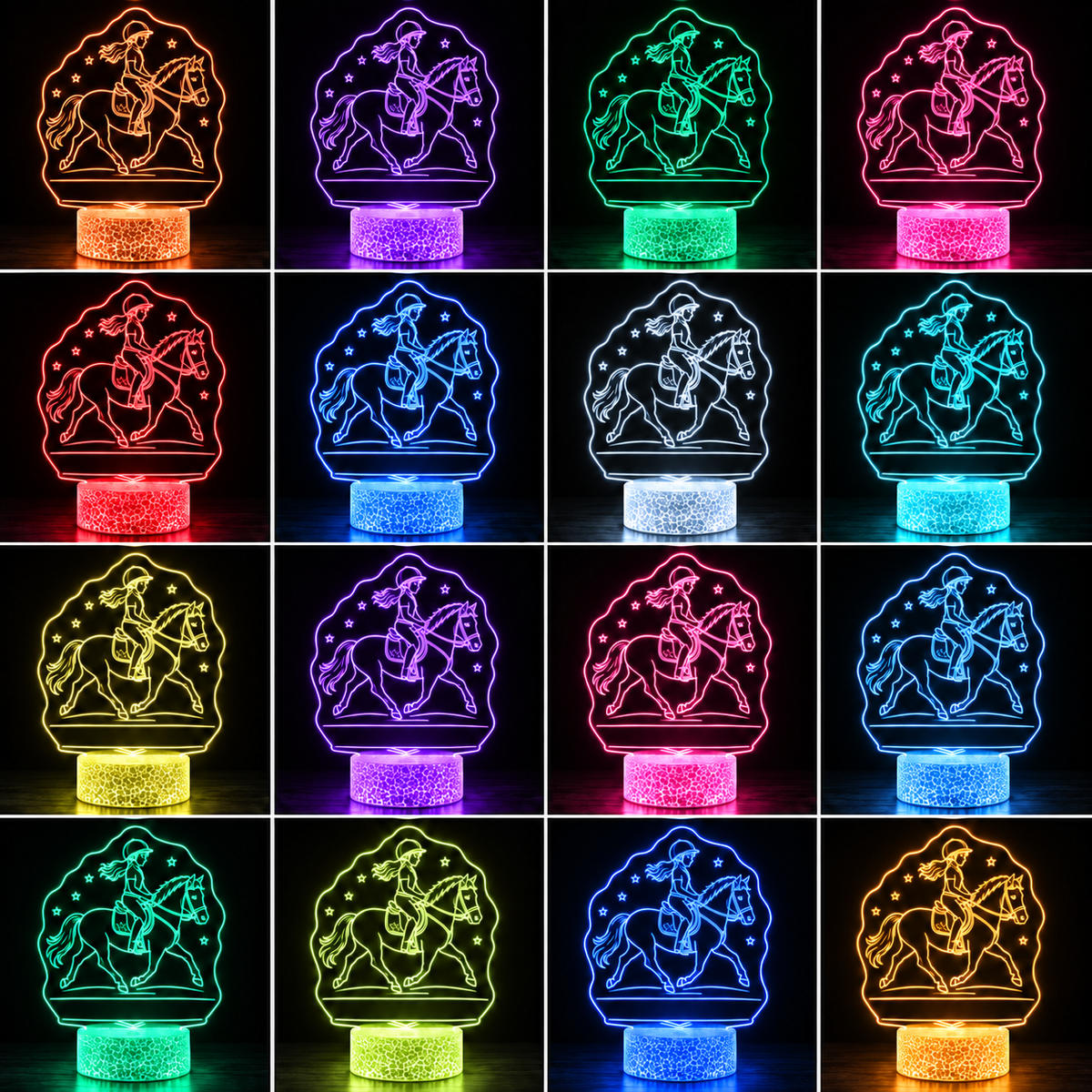 Gepersonaliseerde LED paardenlamp in 16 kleuren met Cracked Ice voet, zonder voorbeeldnaam