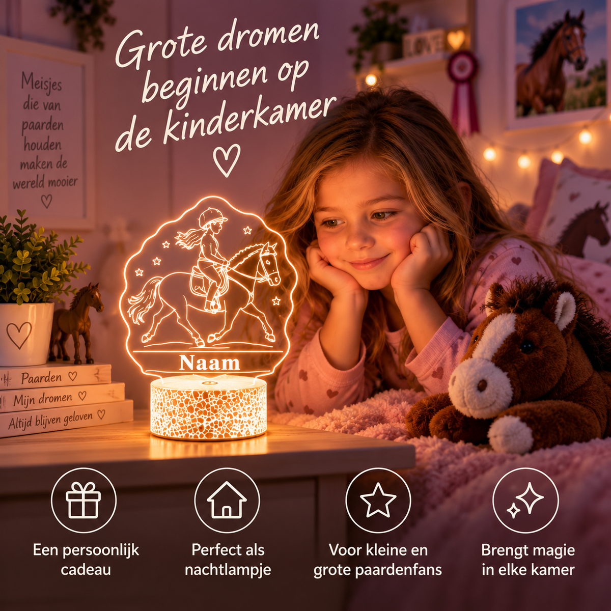 Gepersonaliseerde LED paardenlamp met naam in een sfeervolle kinderkamer voor paardenliefhebbers