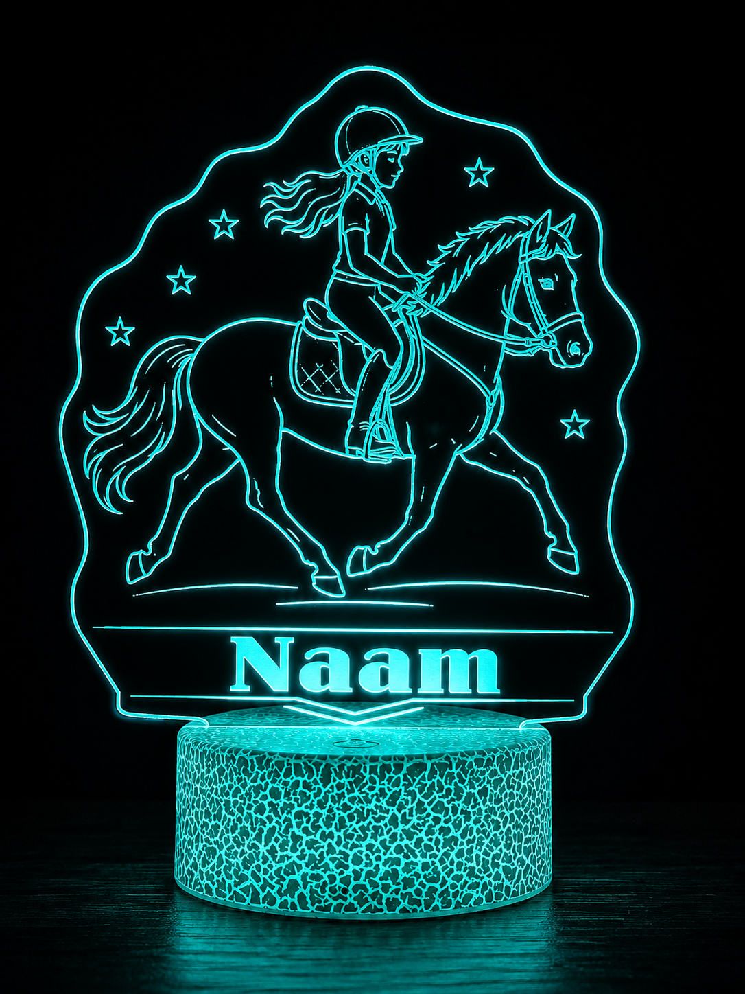 Gepersonaliseerde LED paardenlamp met naam – Cracked Ice voet (16×21 cm)
