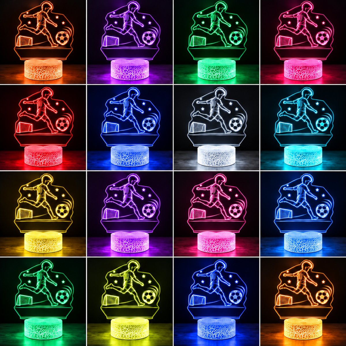Gepersonaliseerde LED voetballamp in 16 kleuren met Cracked Ice sokkel, zonder voorbeeldnaam