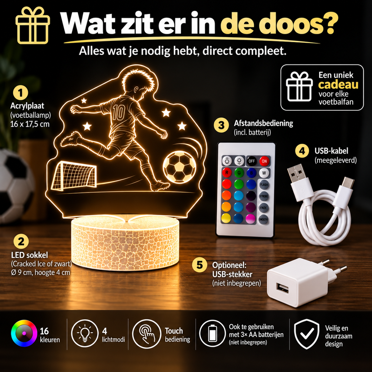 Inhoud van de gepersonaliseerde LED voetballamp met afstandsbediening, USB-kabel en optionele USB-stekker