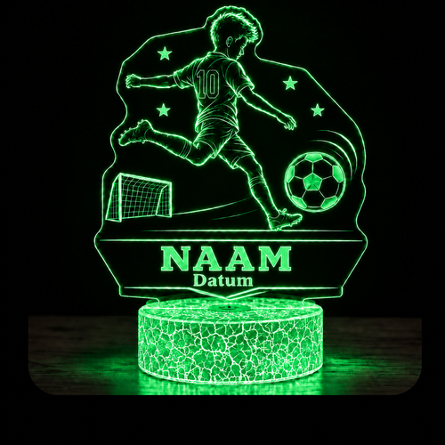 Gepersonaliseerde LED voetballamp met naam en datum in groen op Cracked Ice voet