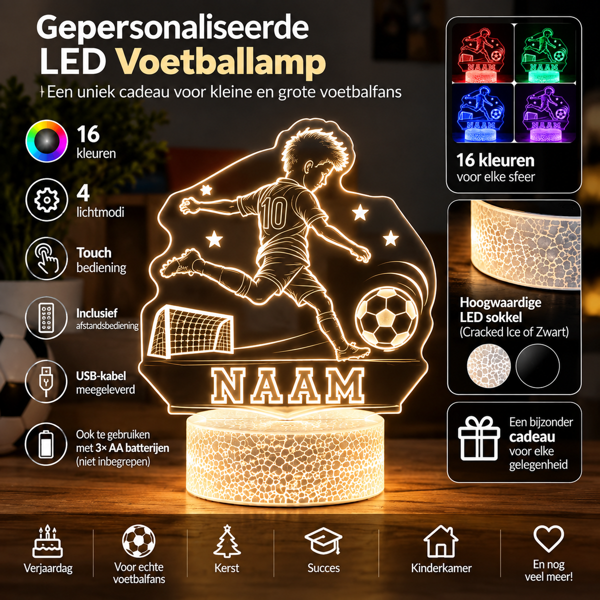 Gepersonaliseerde LED voetballamp met naam, 16 kleuren, Cracked Ice voet en afstandsbediening