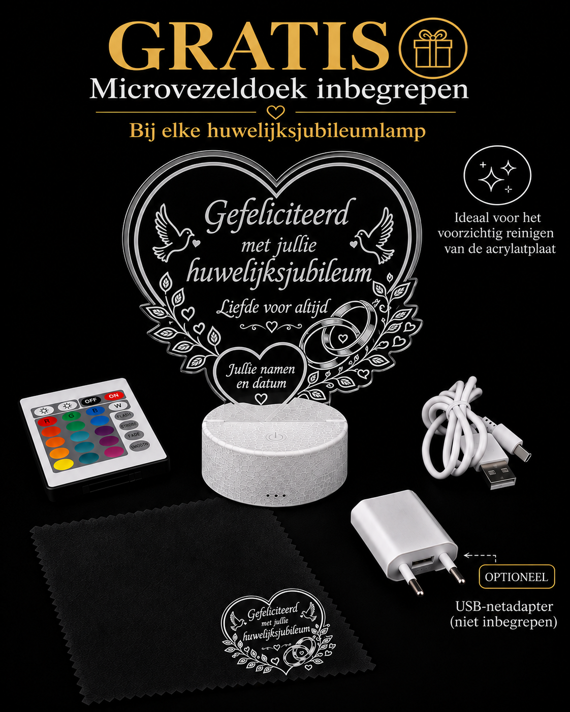 Gratis microvezeldoek inbegrepen bij de gepersonaliseerde LED-lamp voor huwelijksjubileum; correcte tekst op de acrylplaat met namen en datum.