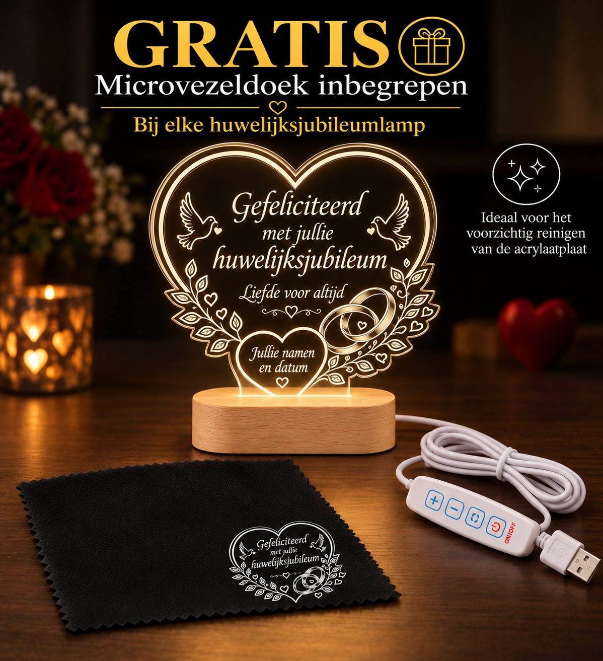 Personalisierte LED-Lampe zum Hochzeitsjubiläum mit Holzsockel und kostenlosem Mikrofasertuch.