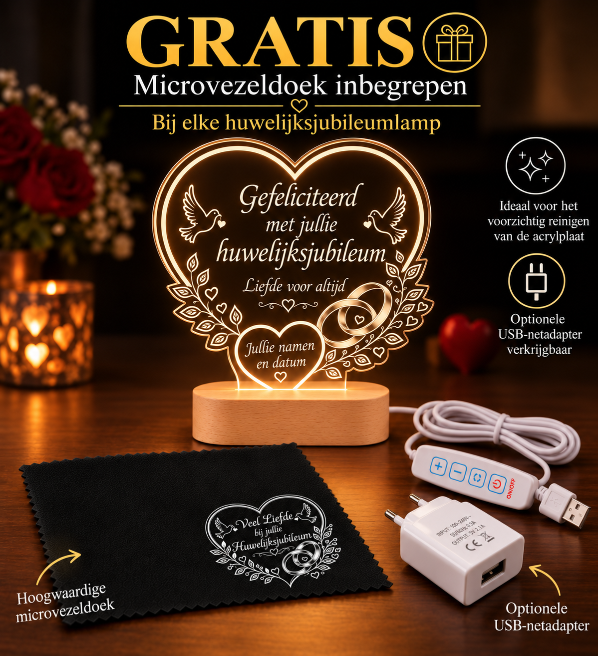 Gepersonaliseerde LED-lamp voor huwelijksjubileum met gratis microvezeldoek en optionele USB-netadapter.