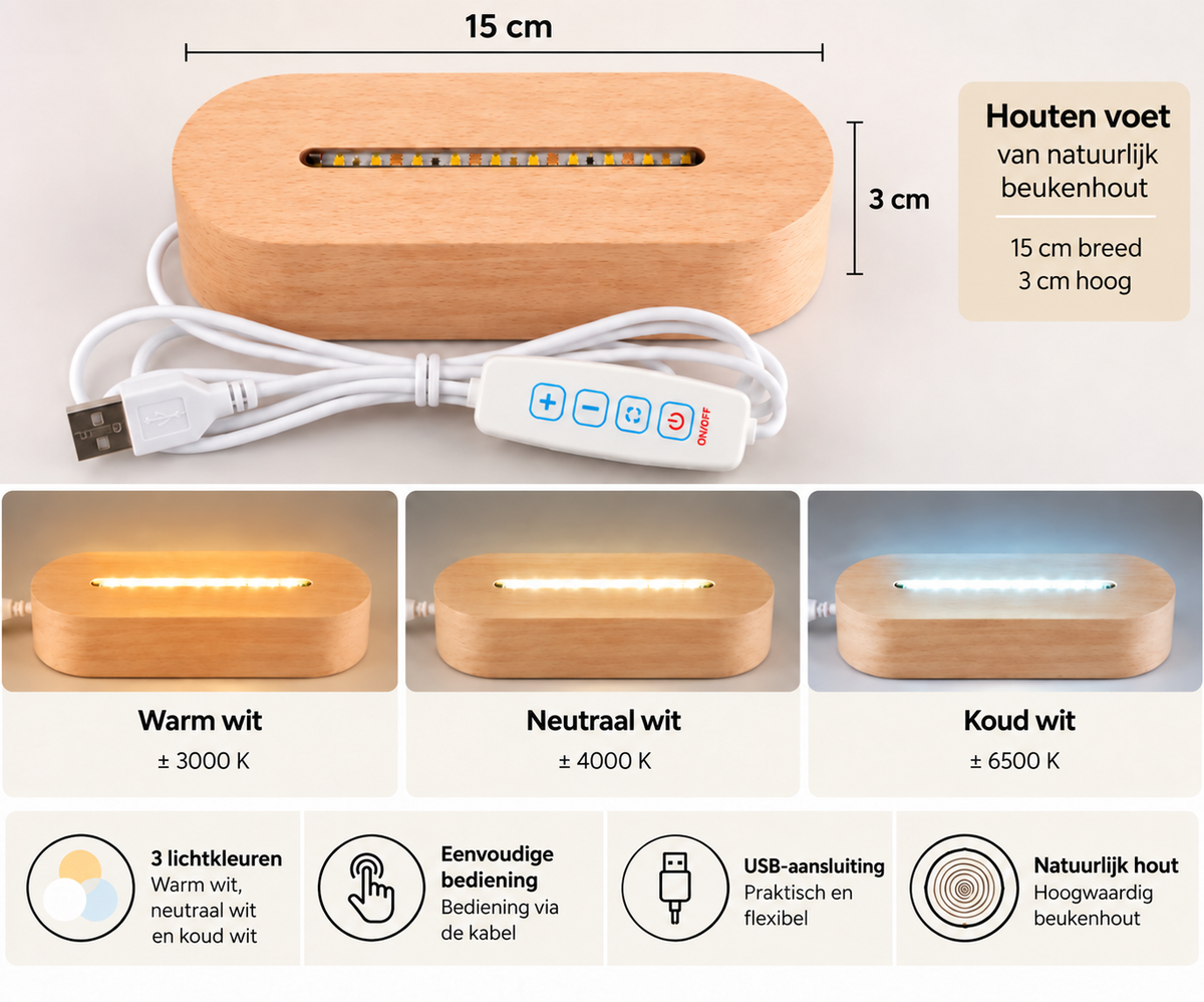 Houten LED-voet van beukenhout met USB-bediening en drie lichtkleuren: warm wit, neutraal wit en koud wit.