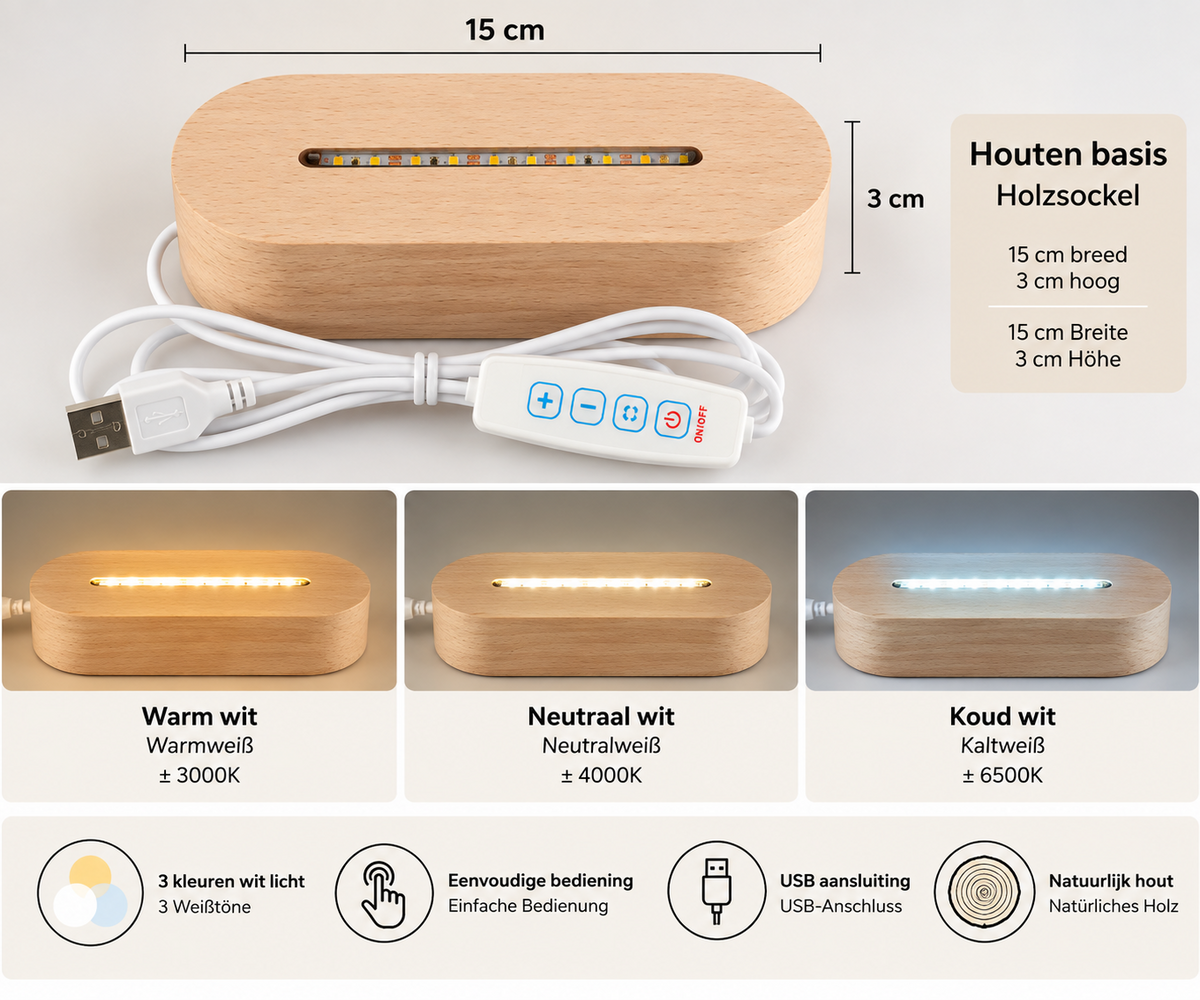 LED-Holzsockel mit USB-Kabel und Bedieneinheit für warmweißes, neutralweißes und kaltweißes Licht.