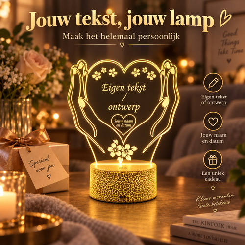 Gepersonaliseerde kleine LED lamp hart met Cracked Ice voet in warme sfeer