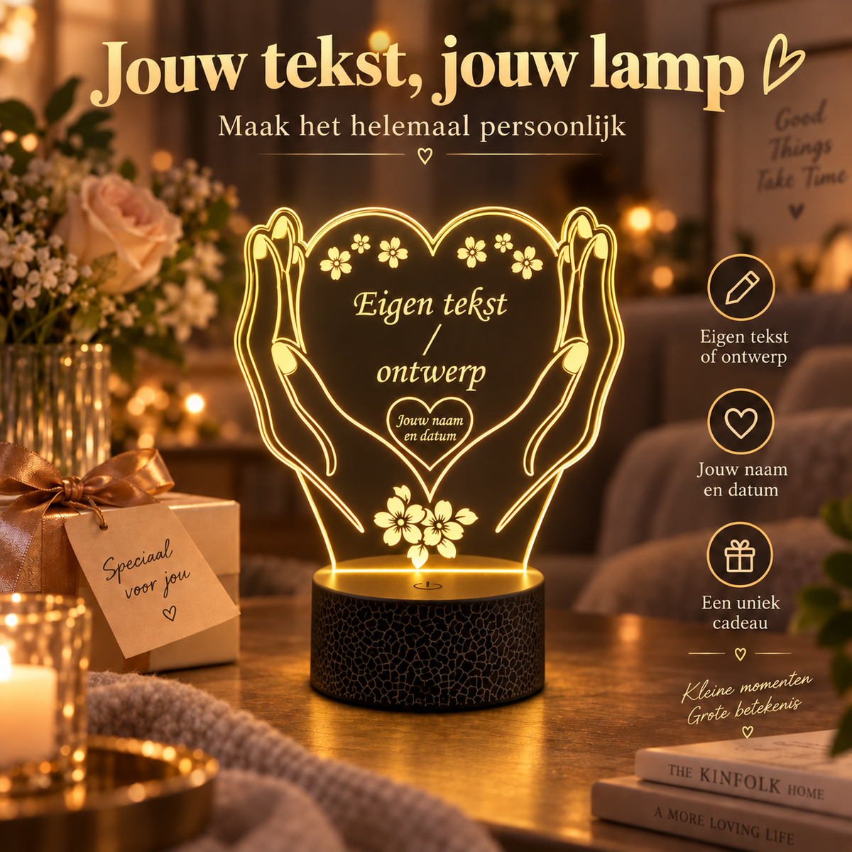 Gepersonaliseerde kleine LED lamp hart met zwarte voet in warme sfeer