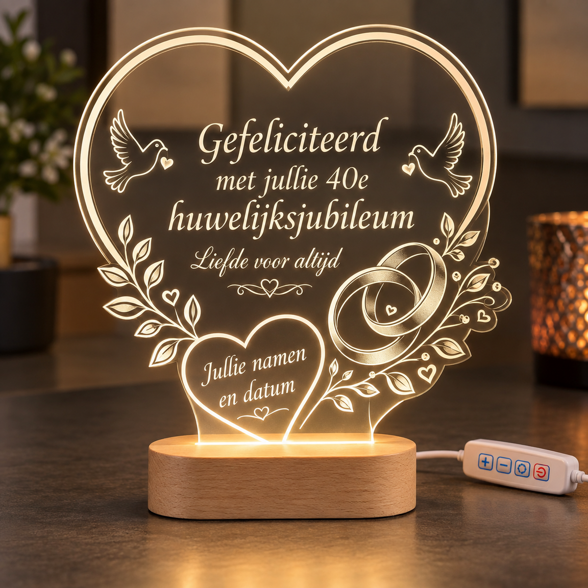 Personalisierte LED-Lampe zum Hochzeitsjubiläum mit Holzsockel und warmweißem Licht; Beispiel zum 40. Hochzeitstag.