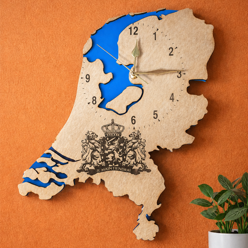 Nederland Wandklok van Hout met Blauwe Acryl – Handgemaakt | 44x38 cm | Hout & Licht Studio