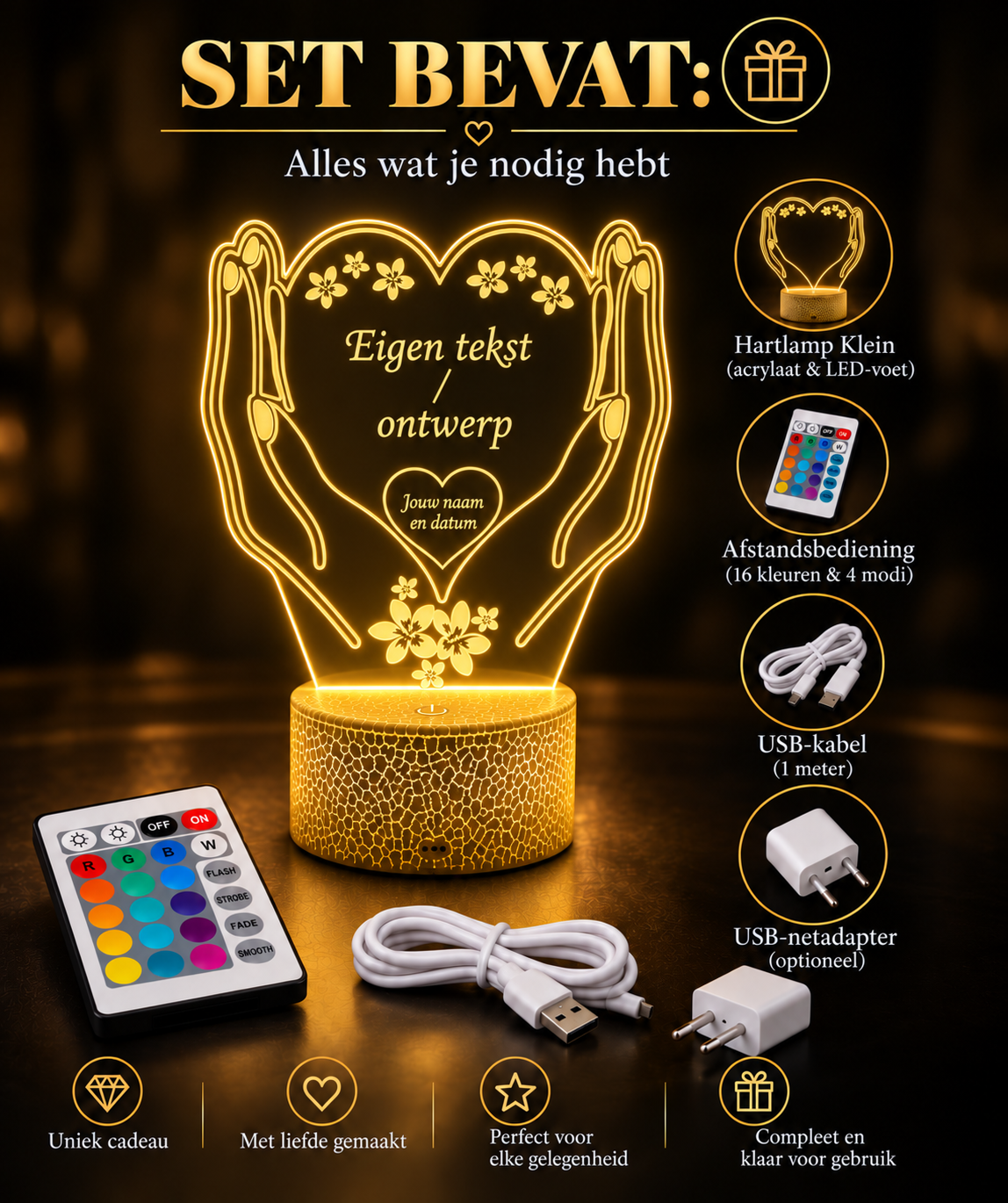 Set met gepersonaliseerde kleine LED lamp hart, afstandsbediening, USB-kabel en optionele adapter