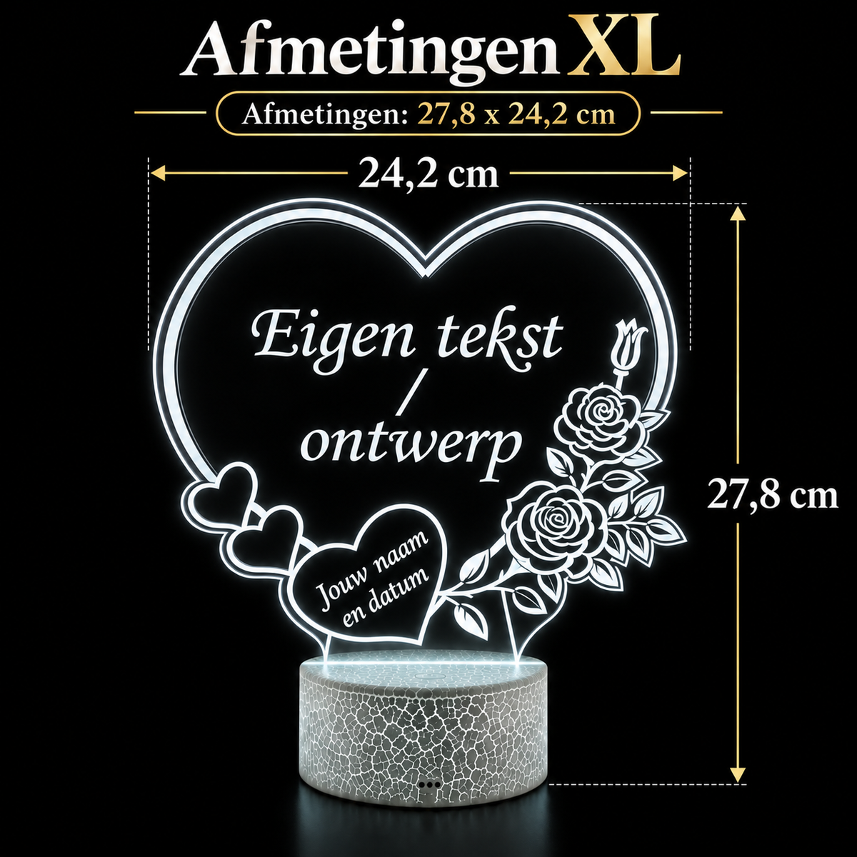 Afmetingen XL LED hartlamp: 27,8 cm hoog en 24,2 cm breed