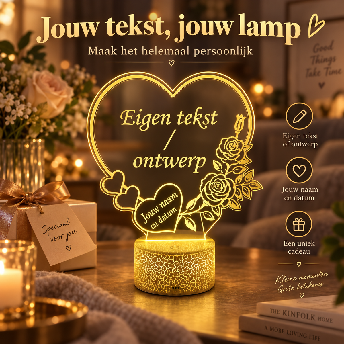 XL LED lamp hart met eigen tekst en Cracked Ice voet