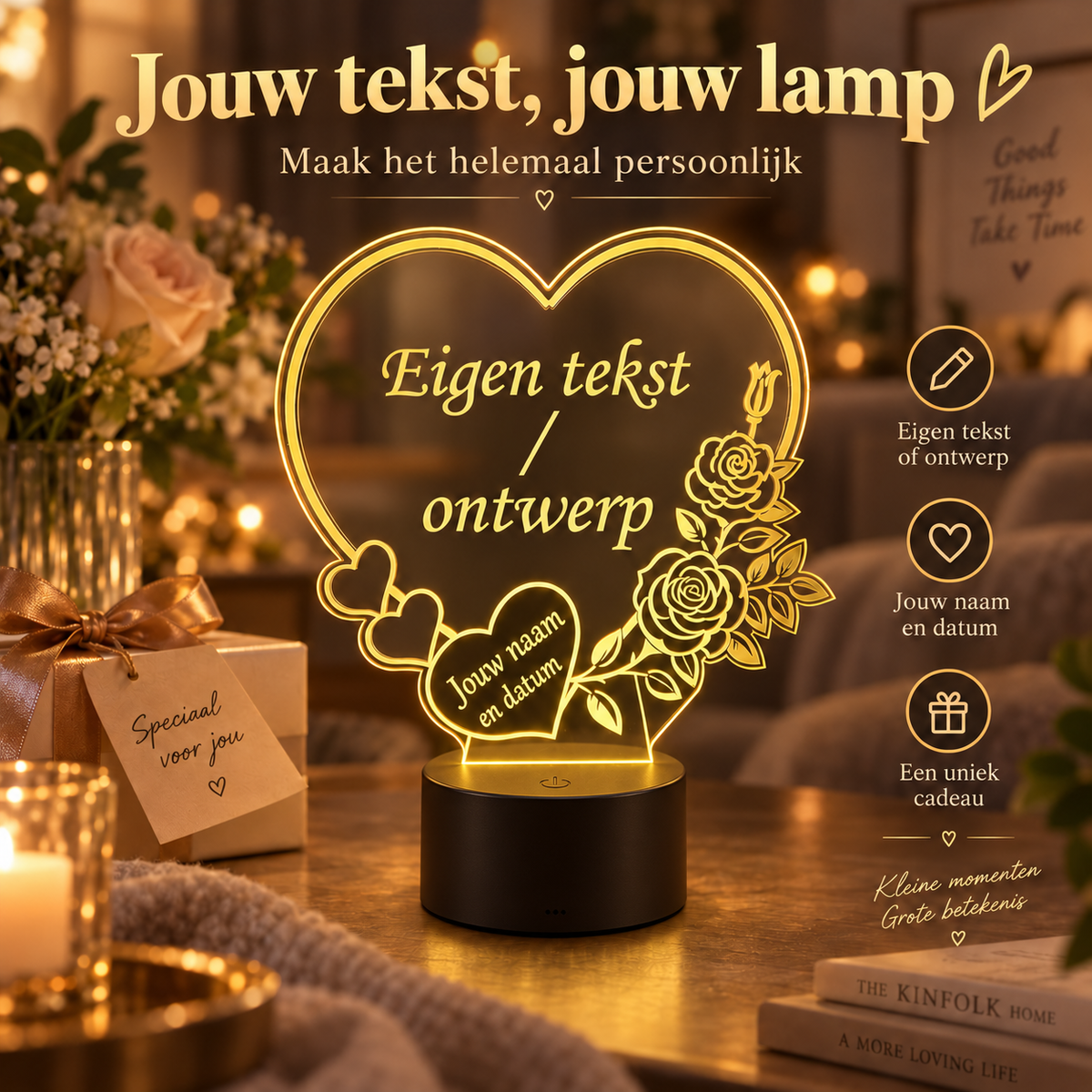 XL LED lamp hart met eigen tekst en zwarte voet