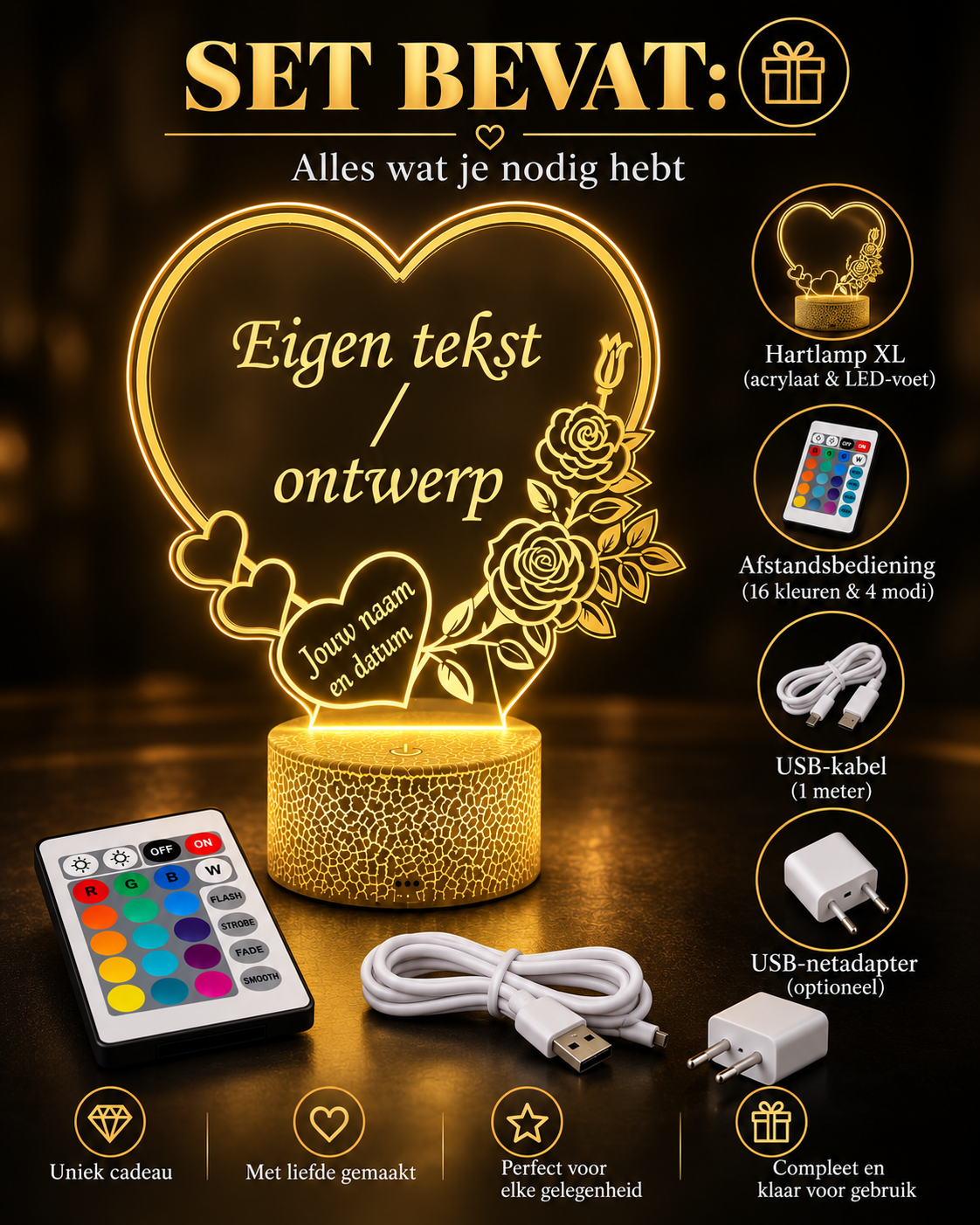 XL LED lamp hart met eigen tekst - set bevat lamp, afstandsbediening, USB-kabel en optionele adapter